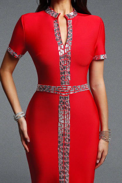 Crimson Red Crystal-Trimmed Slit Column Dress
