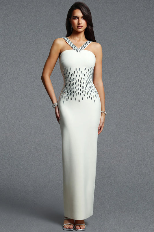 Ivory Mirror-Embellished Evening Gown