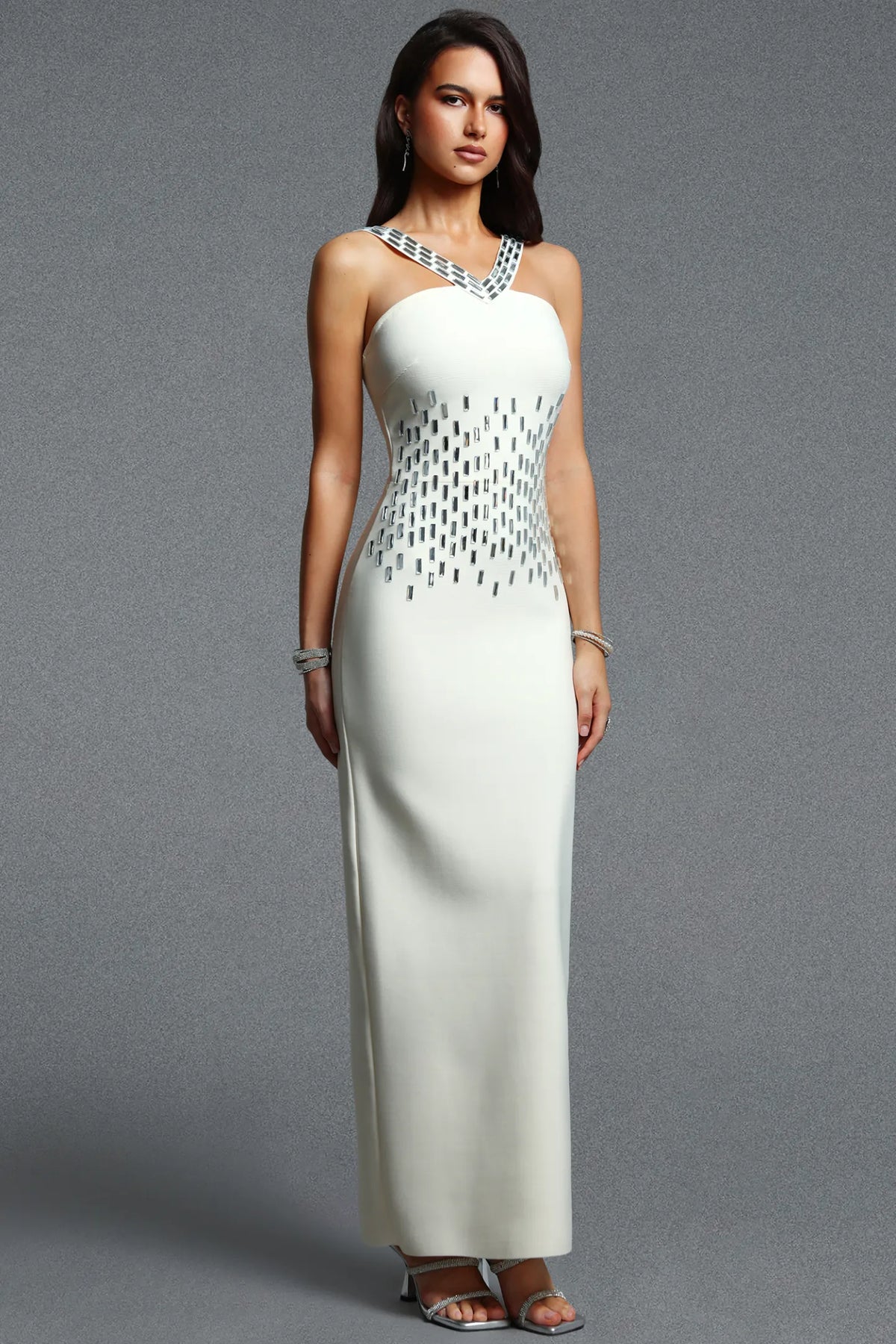 Ivory Mirror-Embellished Evening Gown