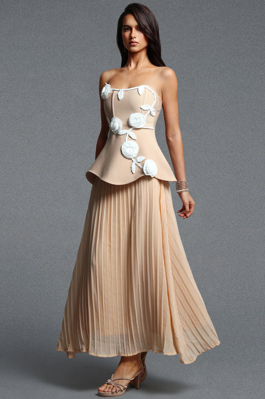 Romantic Nude-Peach Peplum Dress with White Rose Appliqués