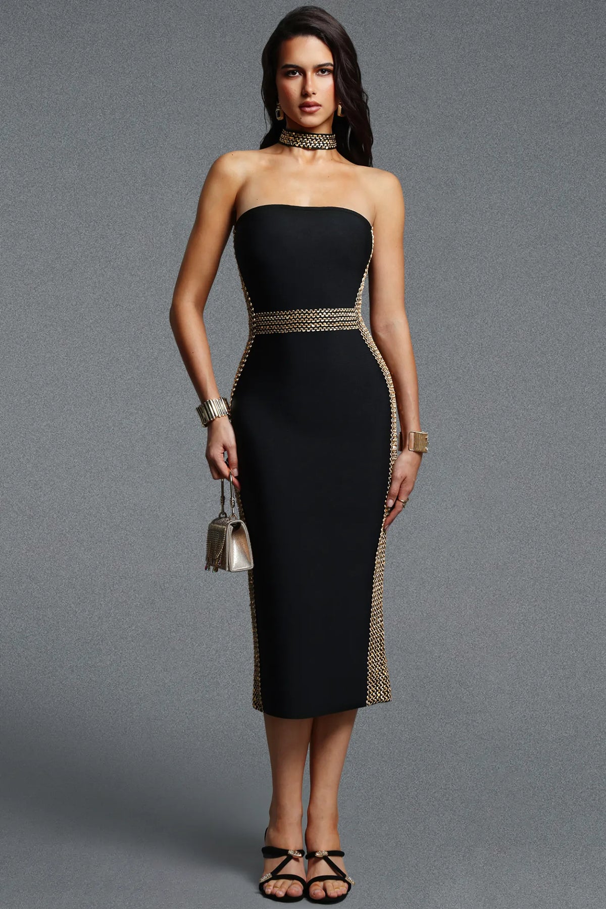 Sleek Black Cocktail Dress with Metallic Chainmail Detailing