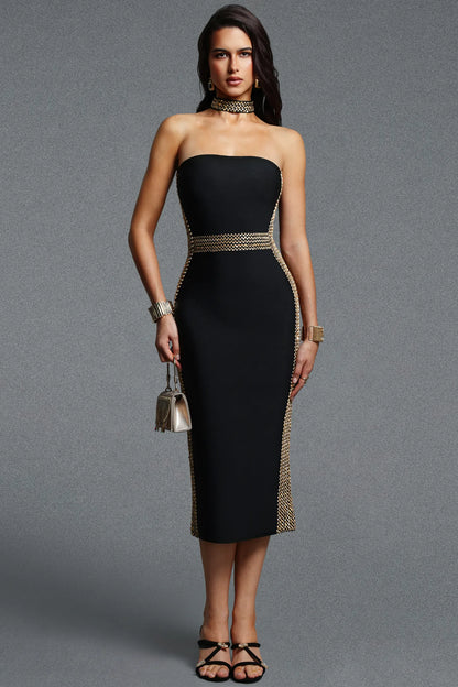 Sleek Black Cocktail Dress with Metallic Chainmail Detailing
