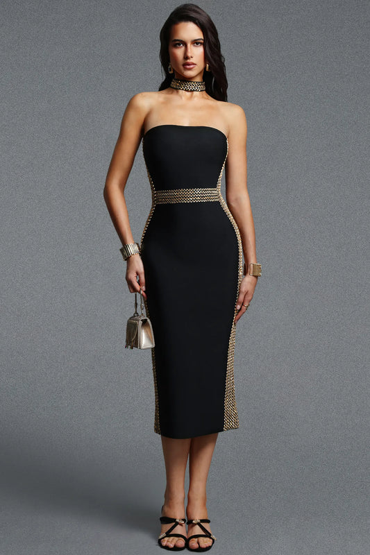 Sleek Black Cocktail Dress with Metallic Chainmail Detailing