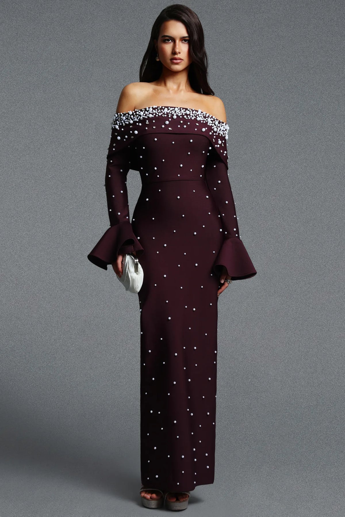 Deep Wine Pearl-Encrusted Off-the-Shoulder Evening Gown