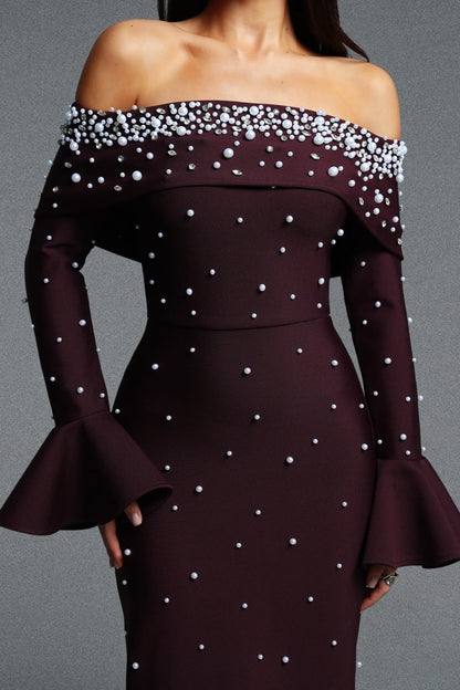 Deep Wine Pearl-Encrusted Off-the-Shoulder Evening Gown