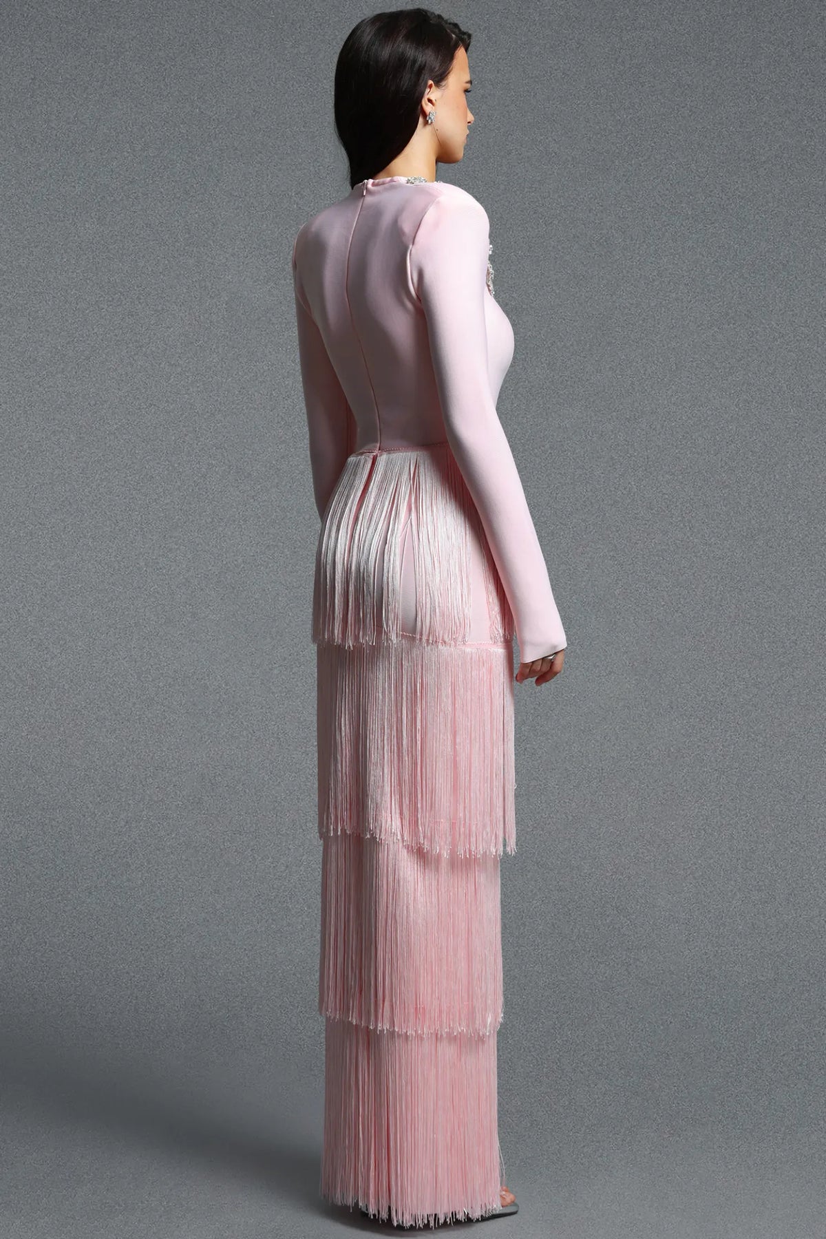 Pastel Pink Square Neck Gown with Cascading Fringe