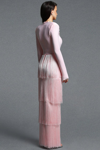 Pastel Pink Square Neck Gown with Cascading Fringe