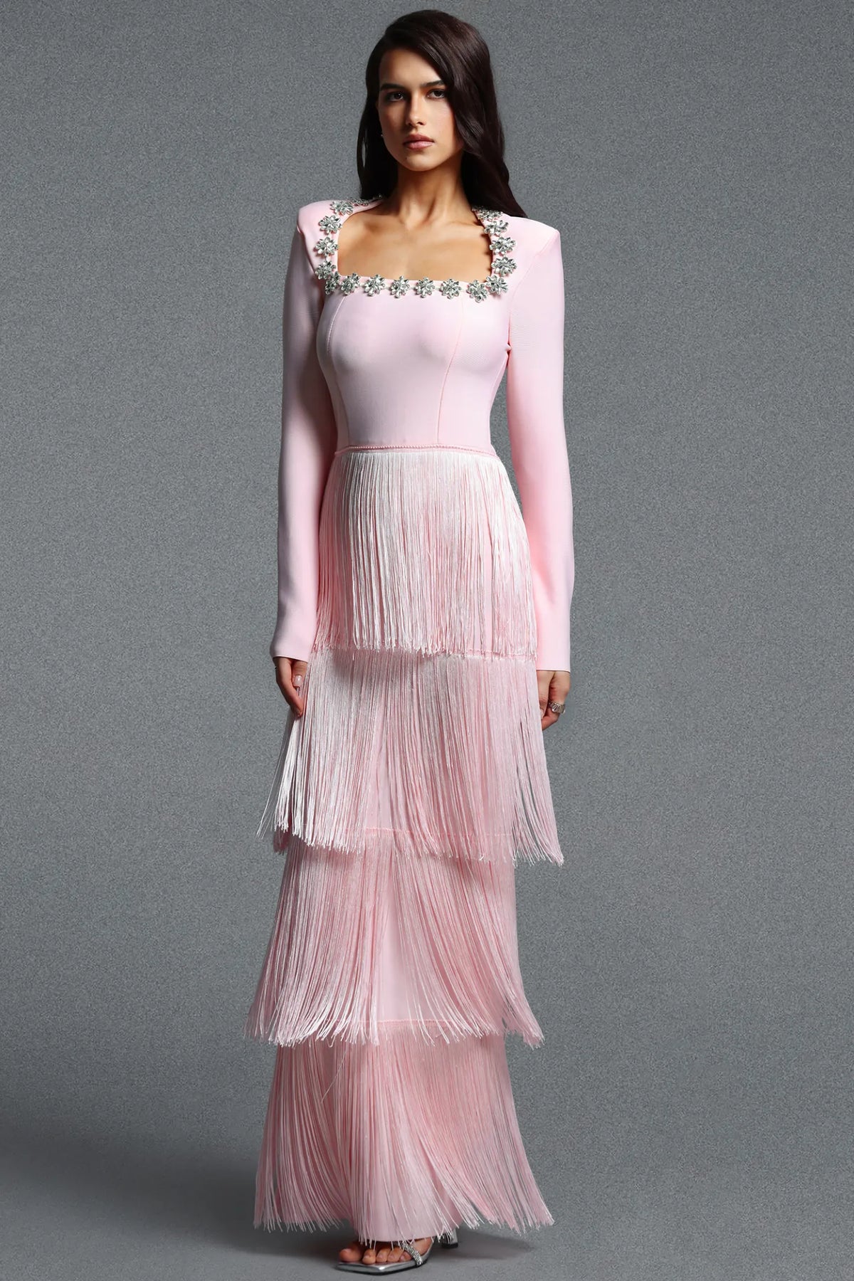Pastel Pink Square Neck Gown with Cascading Fringe