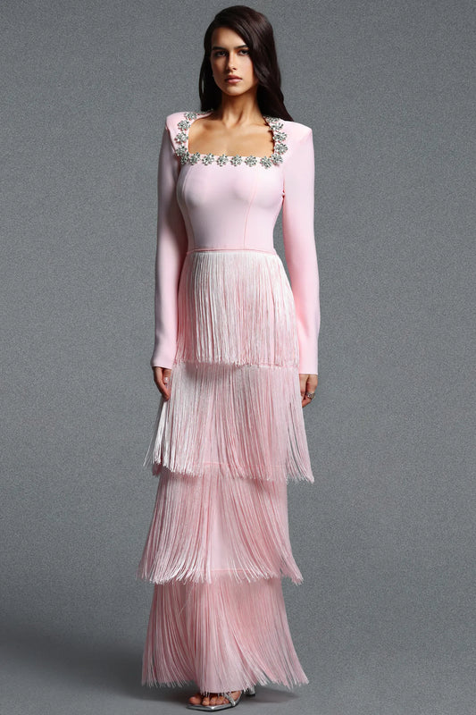 Pastel Pink Square Neck Gown with Cascading Fringe