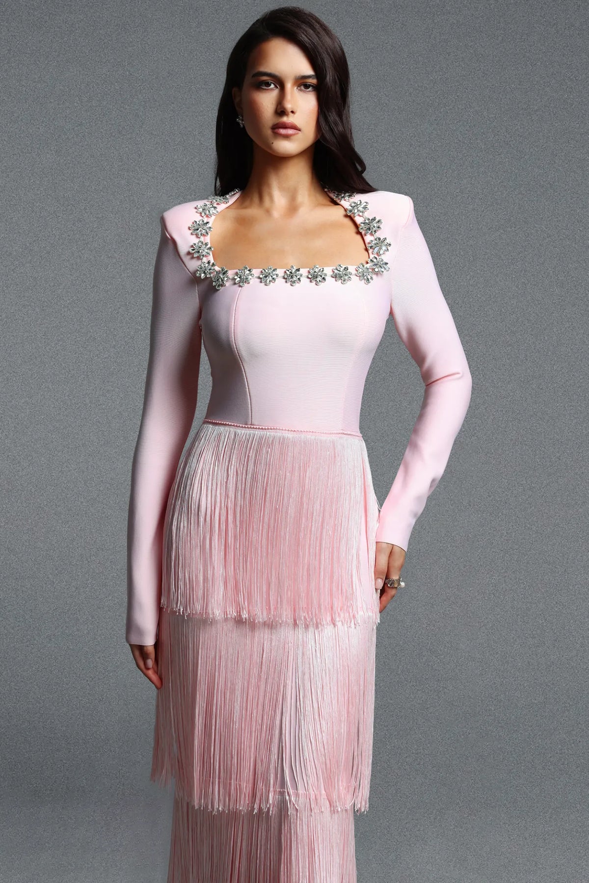 Pastel Pink Square Neck Gown with Cascading Fringe
