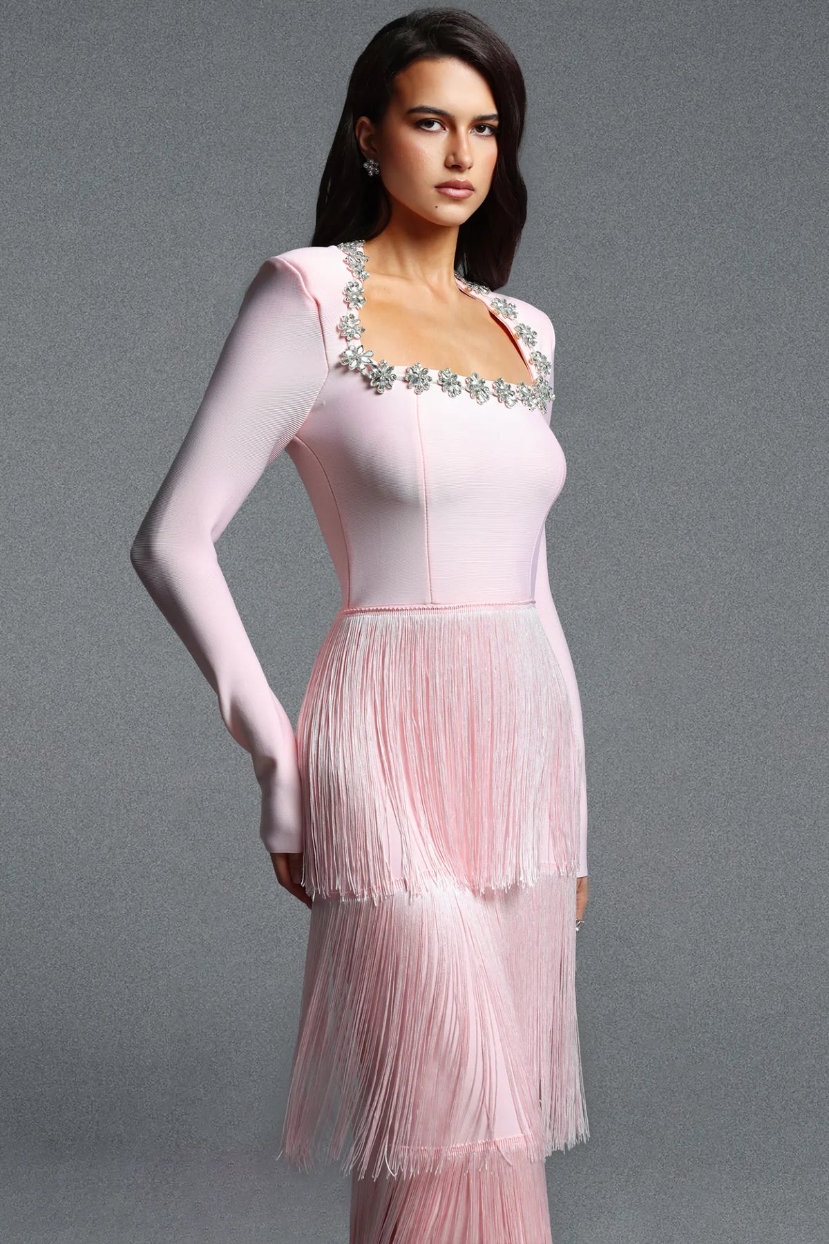 Pastel Pink Square Neck Gown with Cascading Fringe
