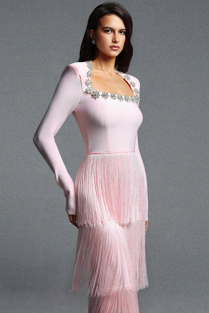 Pastel Pink Square Neck Gown with Cascading Fringe
