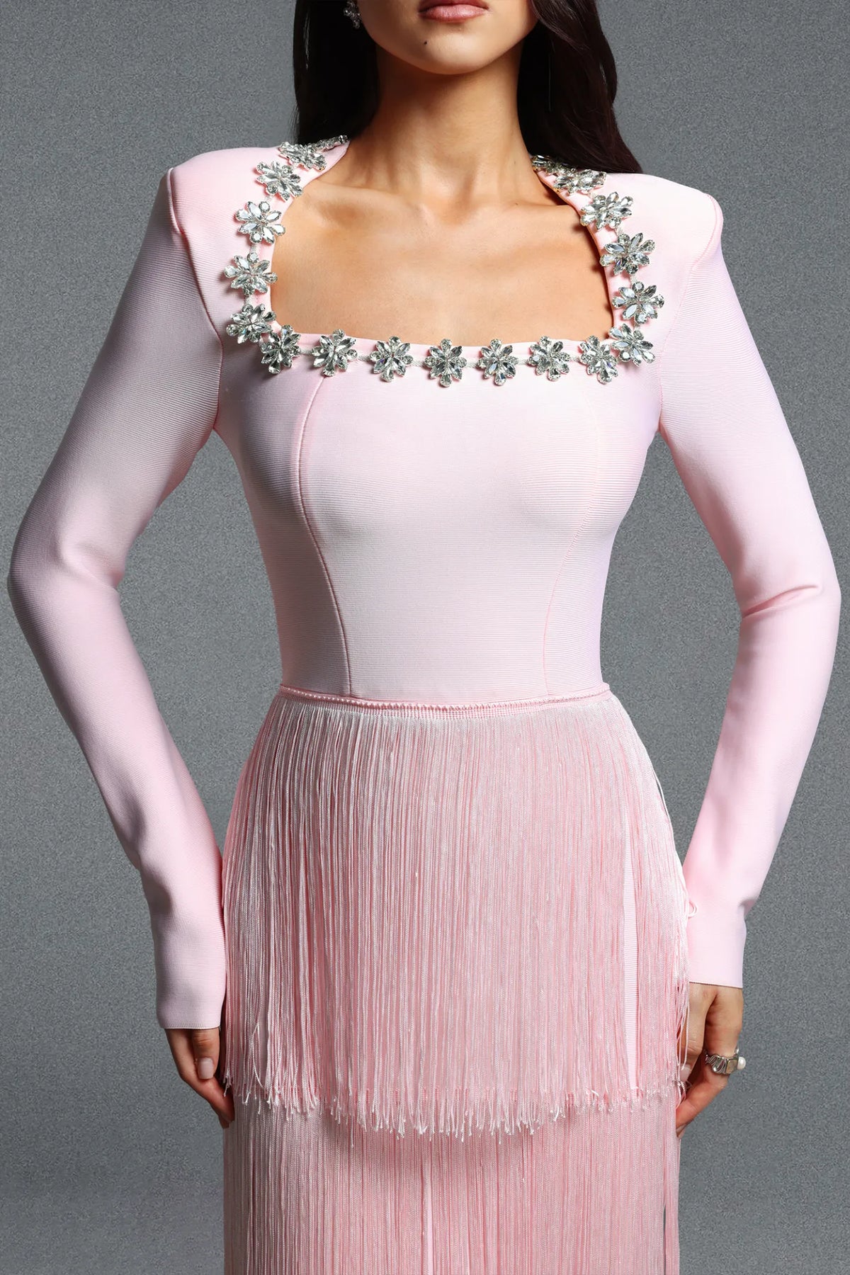 Pastel Pink Square Neck Gown with Cascading Fringe