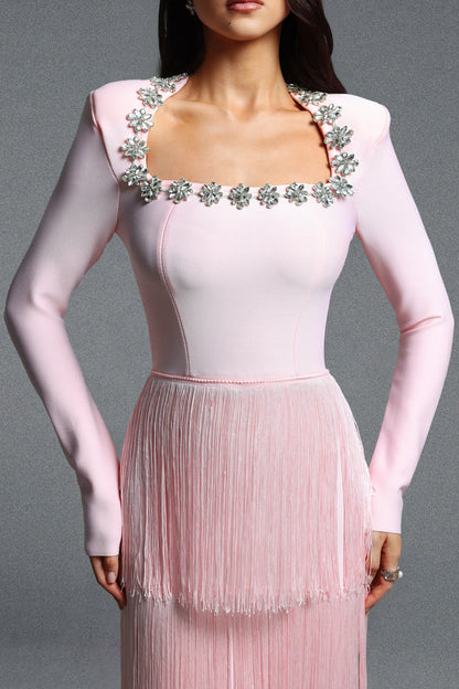 Pastel Pink Square Neck Gown with Cascading Fringe