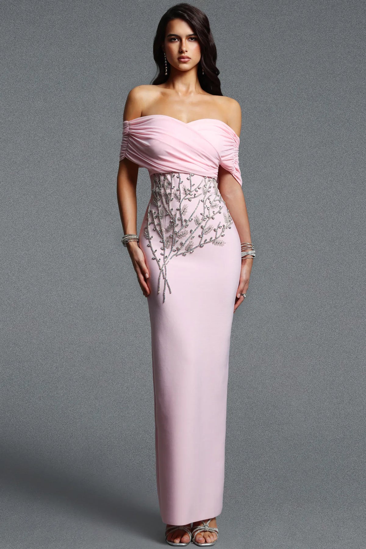 Elegant Pastel Pink Ruched Gown with Rhinestone Vine Accents