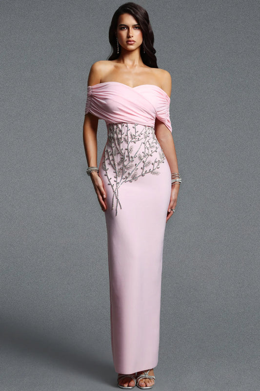 Elegant Pastel Pink Ruched Gown with Rhinestone Vine Accents