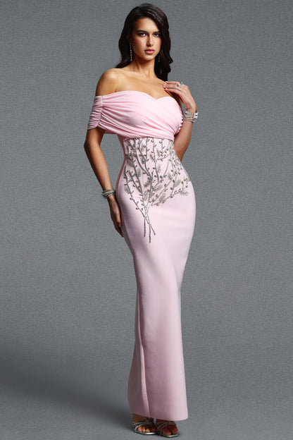 Elegant Pastel Pink Ruched Gown with Rhinestone Vine Accents