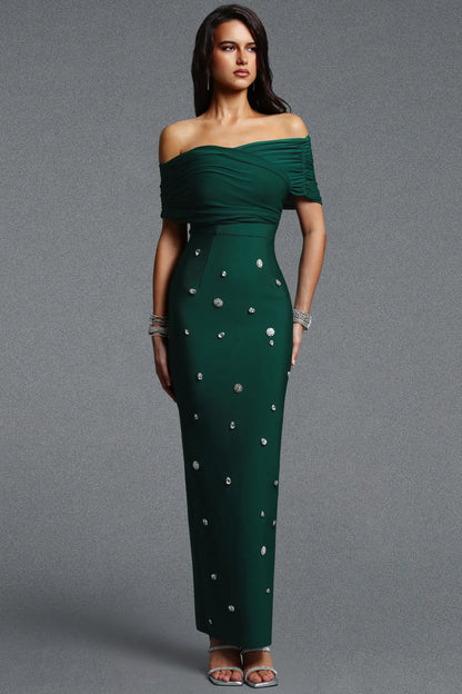 Glamorous Forest Green Gown with Scattered Rhinestones