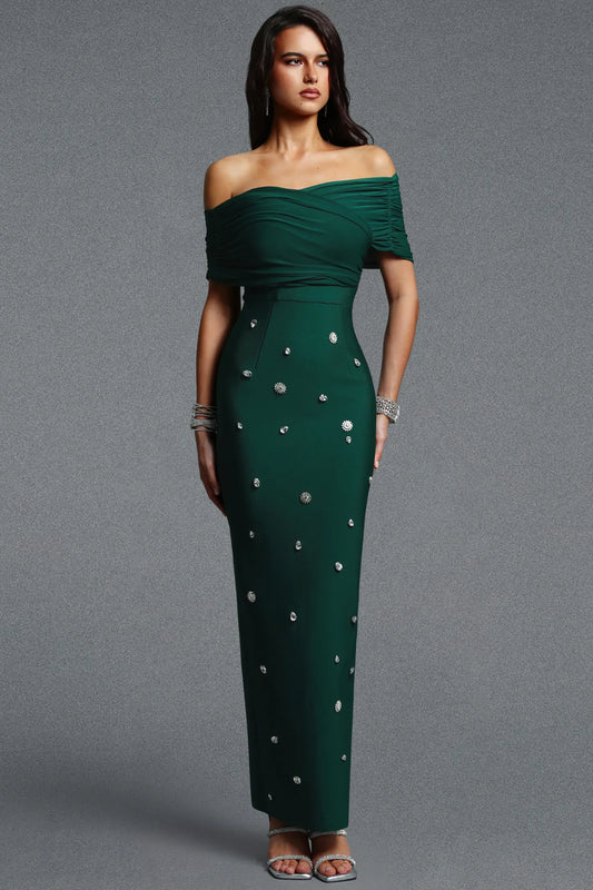 Glamorous Forest Green Gown with Scattered Rhinestones