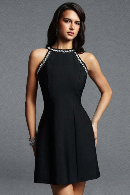 Classic Black Rhinestone Embellished Mini Dress