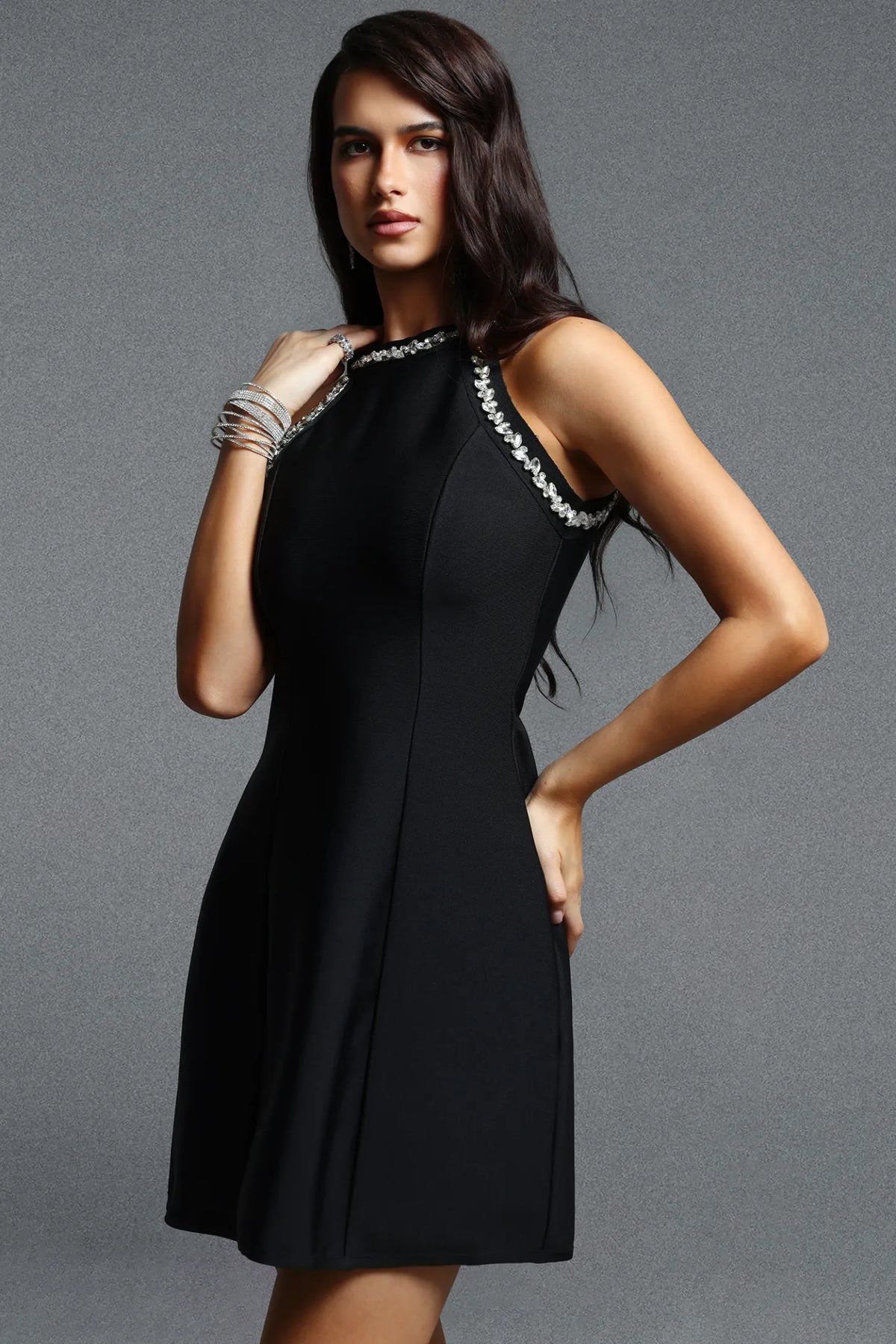 Classic Black Rhinestone Embellished Mini Dress