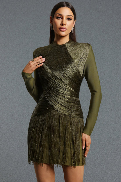 Dark Khaki Wrapped Metallic Fringe Mini