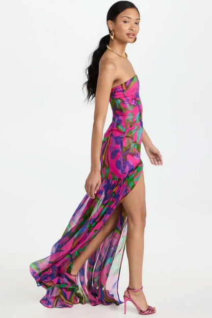 Vibrant Fuchsia Abstract Floral Strapless Maxi Dress