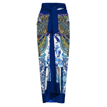 Blue floral print swimsuit set with a matching sarong or wrap skirt.