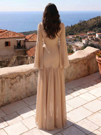 Pearl-Encrusted Bell Sleeve Corset Gown - Champagne Beige