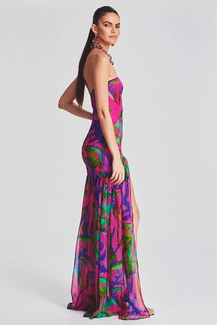 Vibrant Fuchsia Abstract Floral Strapless Maxi Dress