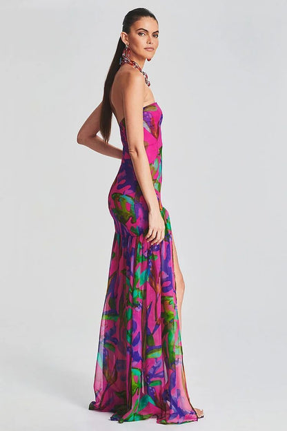 Vibrant Fuchsia Abstract Floral Strapless Maxi Dress
