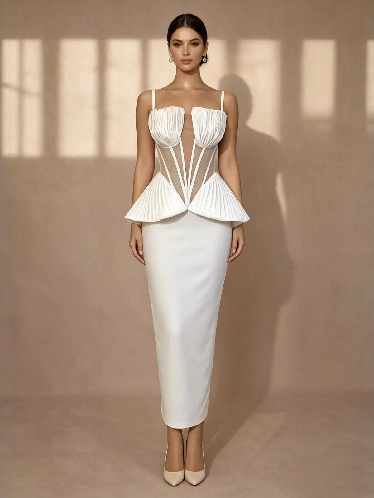 Architectural Pleated Corset Peplum Dress - Pristine White