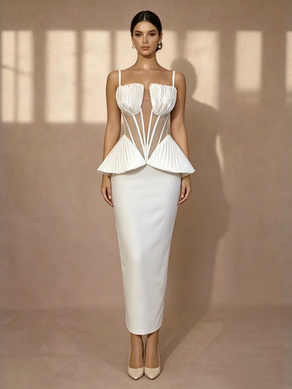 Architectural Pleated Corset Peplum Dress - Pristine White