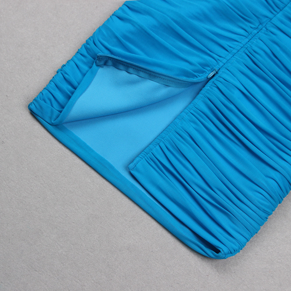 Strapless Ruched Bright Blue Bodycon Midi Dress