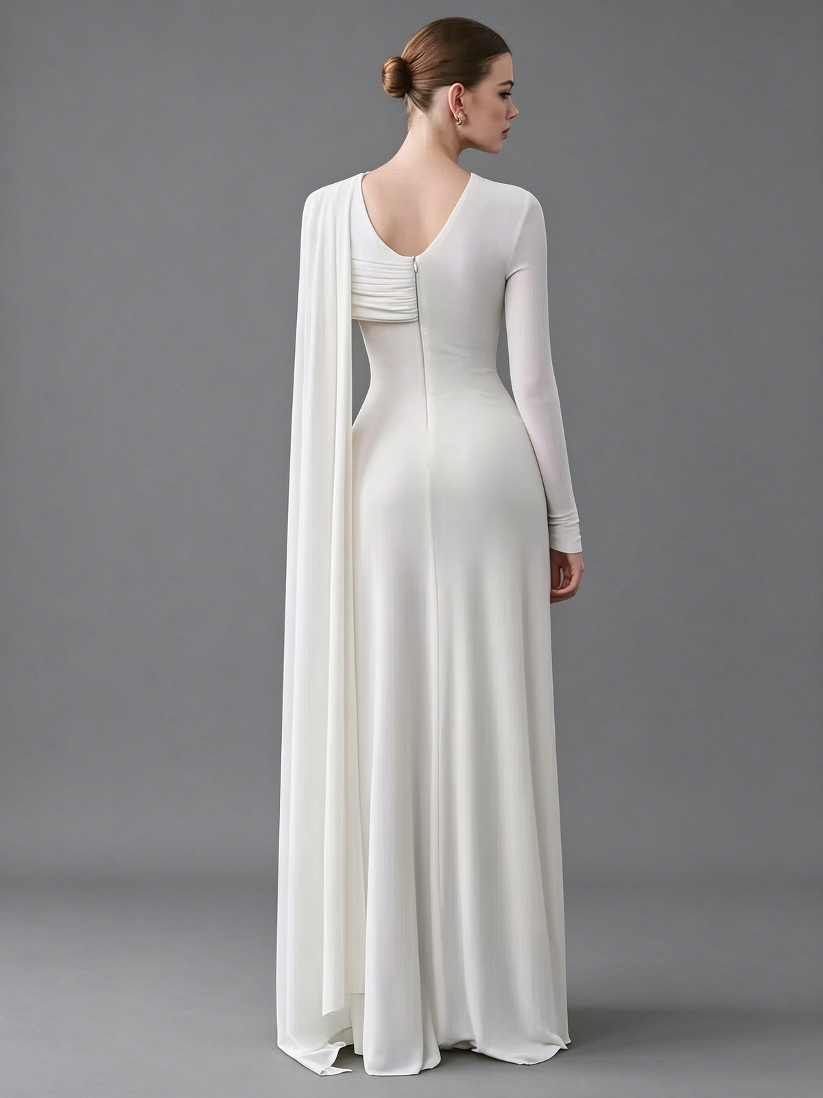 Asymmetrical Draped Cape Column Gown - Pristine White