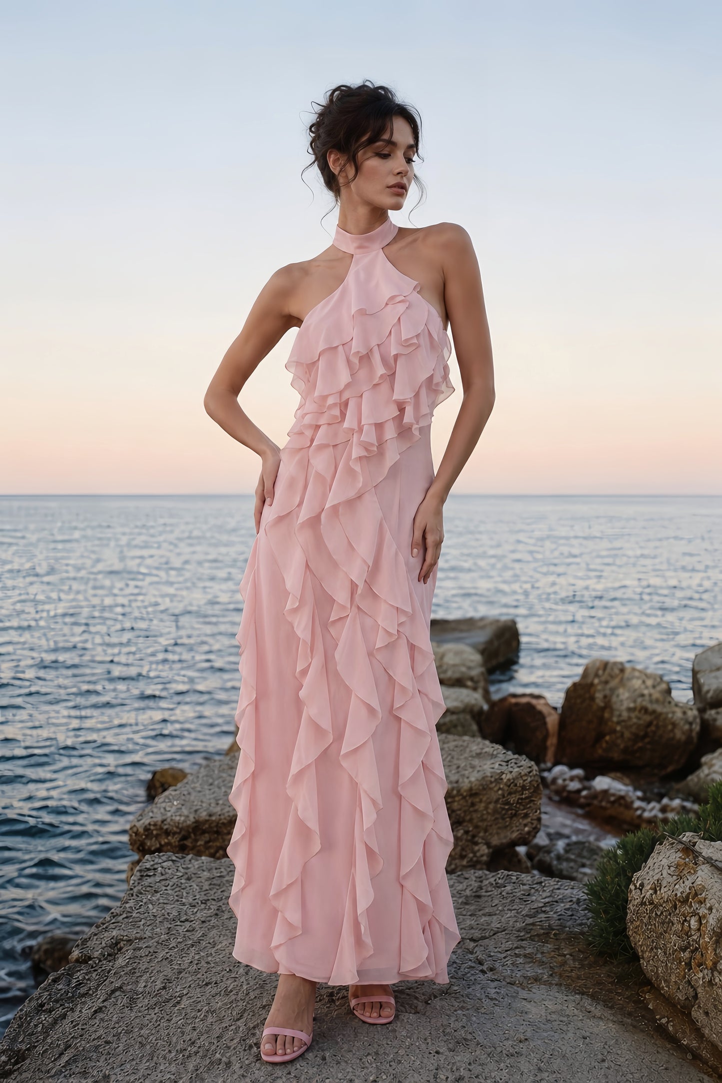 Cascading Ruffle Halter Maxi Dress - Blush Pink