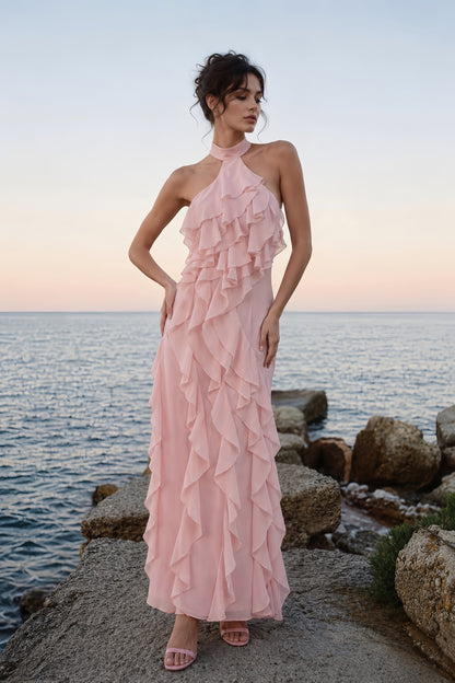 Cascading Ruffle Halter Maxi Dress - Blush Pink