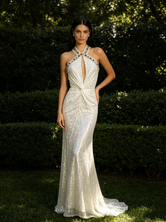 Multi-Jewel Halter Twist-Front Sequin Evening Gown - White