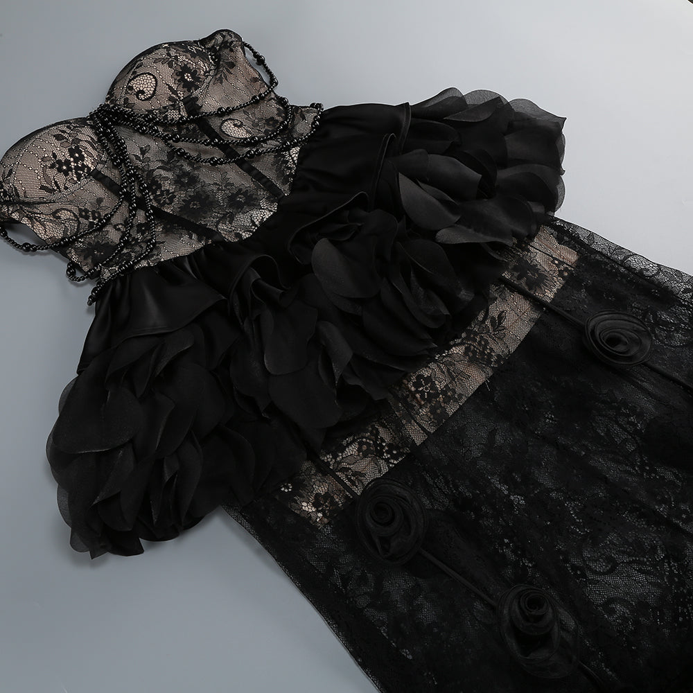 Dark Romance Sheer Lace Gown with 3D Rosettes