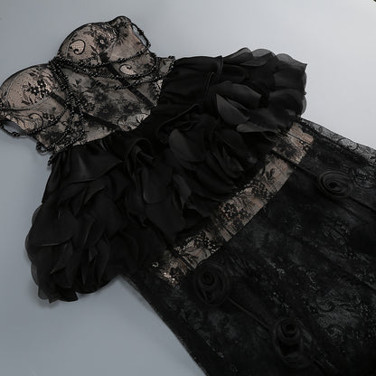 Dark Romance Sheer Lace Gown with 3D Rosettes
