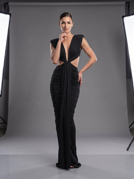 Plunging V-Neck Cutout Ruched Evening Gown - Black