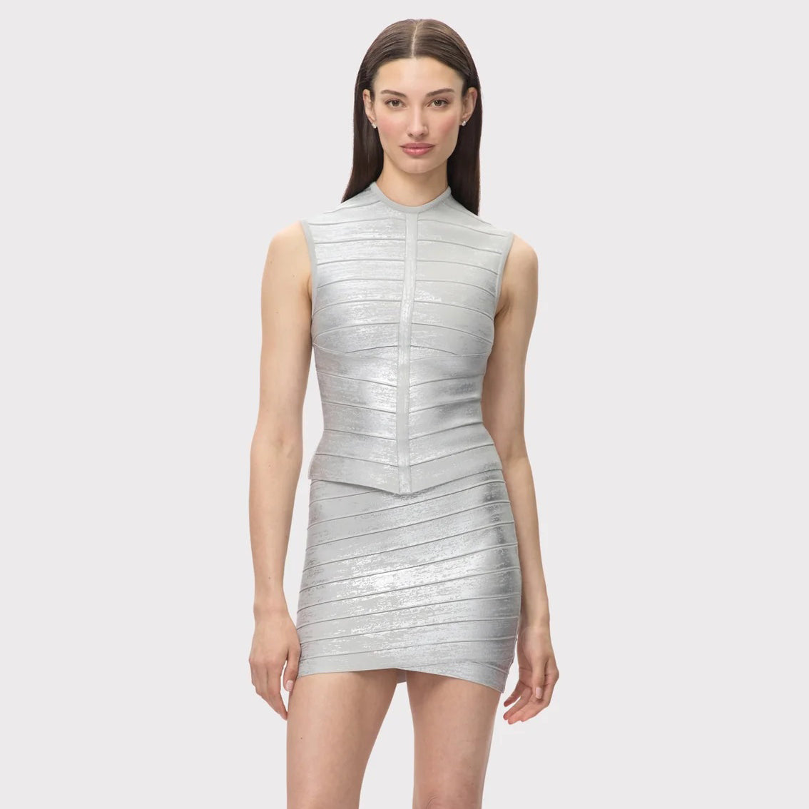 Structured Metallic Bandage Skirt Set - Luminous Silver