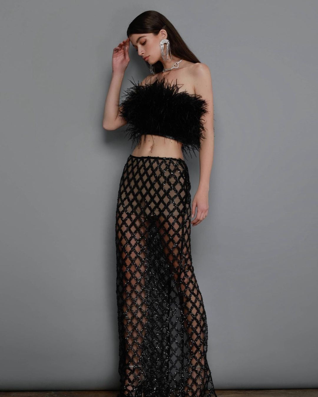 Midnight Noir Feather & Sequin Two-Piece Set
