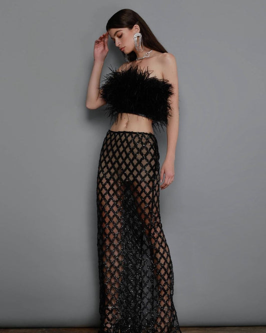 Midnight Noir Feather & Sequin Two-Piece Set
