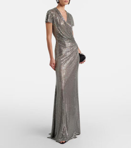 Metallic Sequin Ruched V-Neck Gown - Liquid Silver