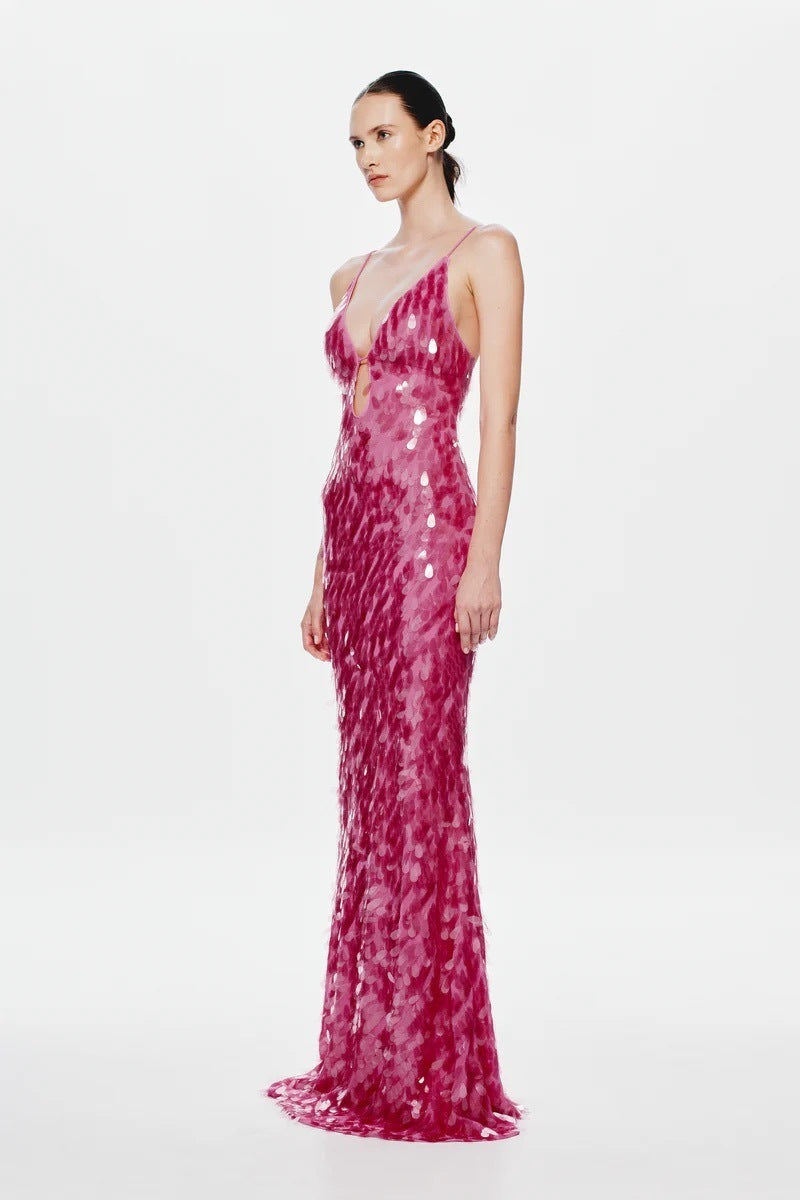 Ember Sequin Floor-Length Gown with Plunging Keyhole Neckline