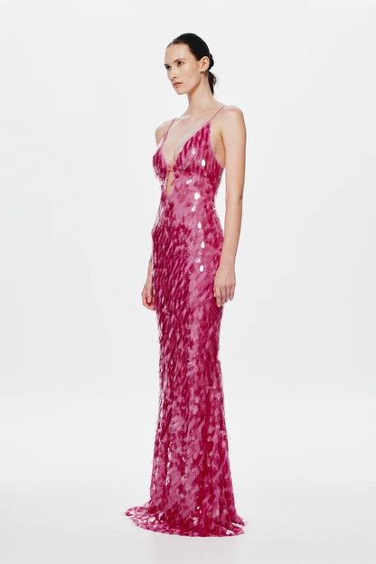 Ember Sequin Floor-Length Gown with Plunging Keyhole Neckline