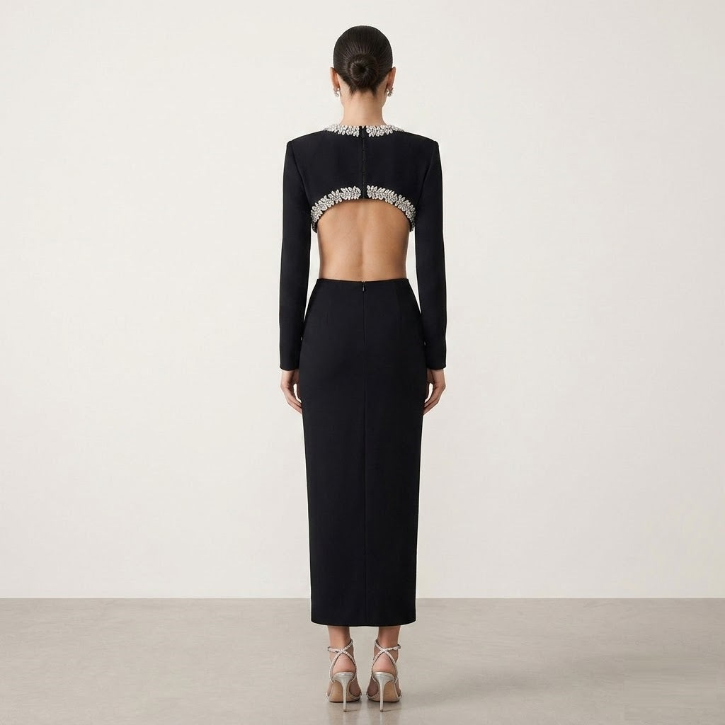 Crystal Embellished Waist Cutout Long Sleeve Midi Dress