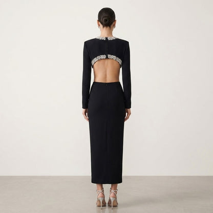 Crystal Embellished Waist Cutout Long Sleeve Midi Dress