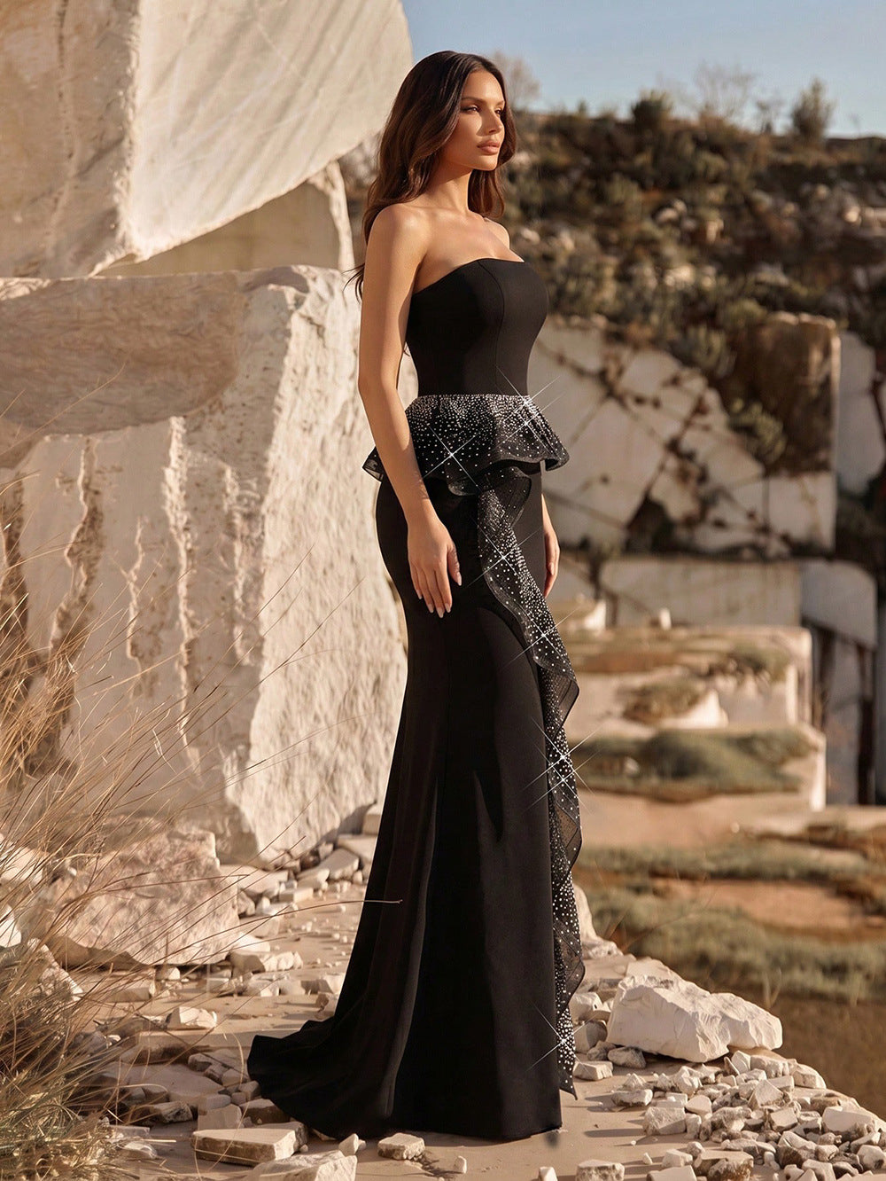 Crystal-Embellished Cascading Ruffle Gown - Black
